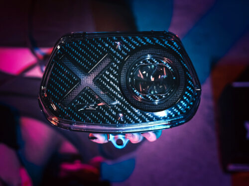 AS-XOV2 Vespa Sprint matrix projector headlight with carbon fiber trim and app-controlled RGB